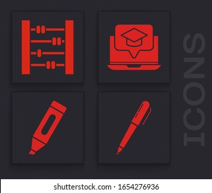Set Pen, Abacus, Graduations-Kappe auf Bildschirm-Laptop und Marker-Stift-Symbol. Vektorillustration
