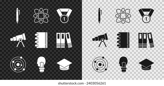 Set Pen, Atom, Medal, Solar system, Light bulb with concept of idea, Graduation cap, Telescope and Spiral notebook icon. Vector