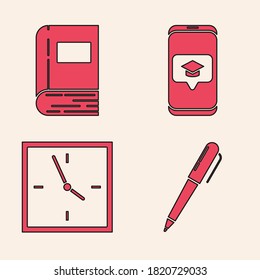 Set Pen, Book, Graduation Cap auf Bildschirm Smartphone und Clock Symbol. Vektorgrafik