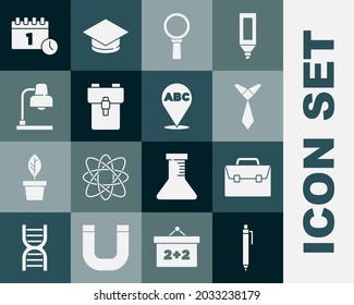 Set Pen, Briefcase, Tie, Magnifying glass, School backpack, Table lamp, Calendar first september date and Alphabet icon. Vector