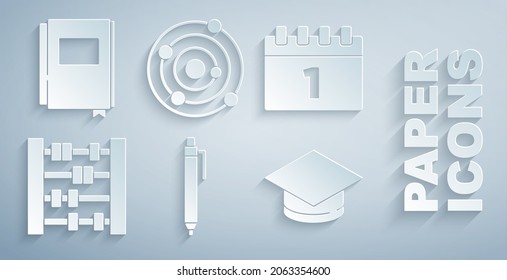 Set Pen, Calendar first september date, Abacus, Graduation cap, Solar system and Book icon. Vector