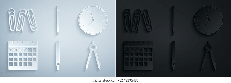 Set Pen, Clock, Calendar, Drawing compass, Pencil with eraser and Paper clip icon. Vector