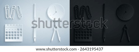 Set Pen, Clock, Calendar, Drawing compass, Pencil with eraser and Paper clip icon. Vector