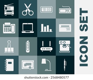 Set Pen, Coffee machine, Business card, Digital alarm clock, Laptop, Telephone, Printer and Pie chart infographic icon. Vector