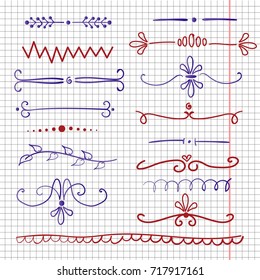 set of pen drawn text dividers on copybook page