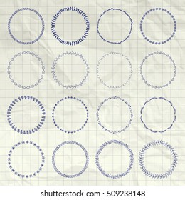 Set of Pen Drowing Doodle Circle Logo Badge Elements Set, Borders, Frames. Rustic Decorative Design Elements, Florals on Crumpled Paper Notebook Texture. Minimal Concept Vector Illustration.