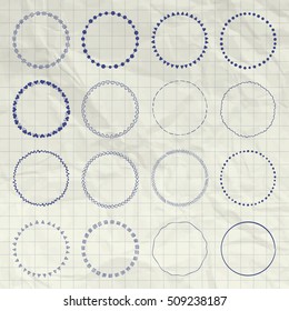 Set of Pen Drowing Doodle Circle Logo Badge Elements Set, Borders, Frames. Rustic Decorative Design Elements, Florals on Crumpled Paper Notebook Texture. Minimal Concept Vector Illustration.