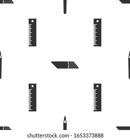 Set Pen, Eraser or rubber and Ruler on seamless pattern. Vector