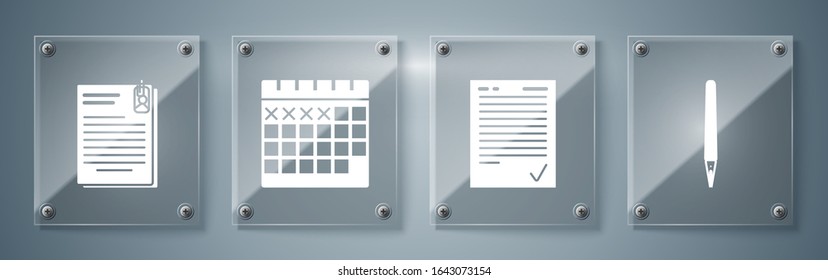 Set Pen, Exam sheet with check mark, Calendar and File document and paper clip. Square glass panels. Vector