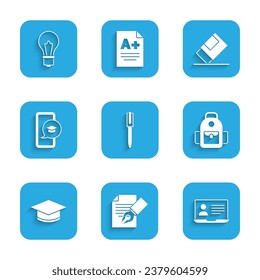 Set Pen, Exam sheet and pencil, Online class, School backpack, Graduation cap, mobile, Eraser or rubber and Light bulb with idea icon. Vector