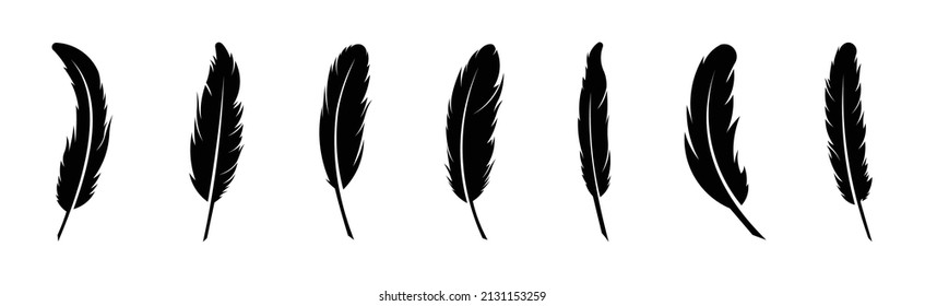 set of Pen feather icon simple style vector image. Feathers vector set in a flat style.  set of Black quill feather silhouette.