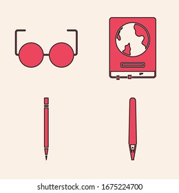 Colocar pluma, lentes, mapa mundial en una pizarra escolar y lápiz con icono de borrador. Vector