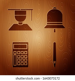 Set Pen, Graduate and graduation cap, Calculator and Ringing bell on wooden background. Vector