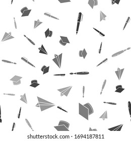 Set Pen, Graduation cap, Paint brush and Paper airplane on seamless pattern. Vector