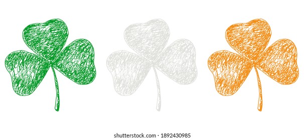 Set of pen and ink vector shamrock illustration. Irish flag colors. Hand-drawn doodle illustration of a trifoliate leaf isolated. Decorative element for traditional design for St. Patrick's Day