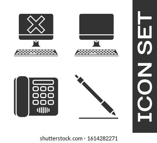 Set Pen line, Computer with keyboard and x mark, Telephone and Computer monitor with keyboard icon. Vector