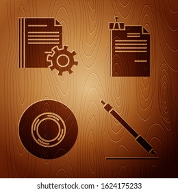 Set Pen line, Document settings with gears, Scotch and File document and binder clip on wooden background. Vector
