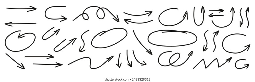 Set of pen line doodle element vector. Hand drawn doodle style collection of arrows, circle