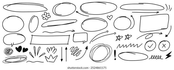 Set of pen line doodle element vector. Hand drawn doodle style collection of arrows, circle ,bubble chat and wavy collections.Vector illustration