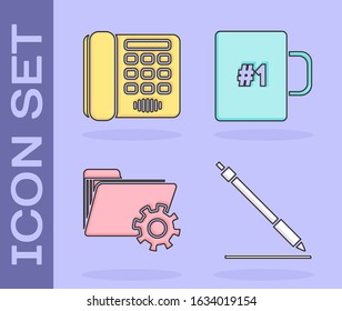 Set Pen line, Telephone, Folder settings with gears and Coffee cup icon. Vector