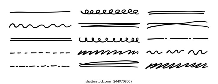 Set of pen lines, marker underline. Vector marker strokes. Hand drawn collection of doodle scribbles