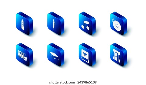 Set Pen, Music note, tone, Ringing alarm bell, Pencil sharpener, Book, Graduation cap, School Bus and Stationery knife icon. Vector