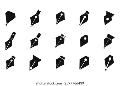 set of pen nib and tib line writing icon. fountain pen nib icon.
