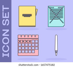 Set Pen, Notebook, Calendar and Exam paper with incorrect answers survey icon. Vector