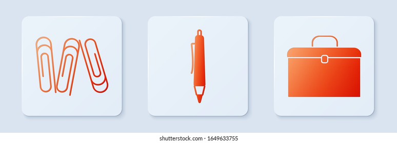 Set Pen, Paper clip and Briefcase. White square button. Vector