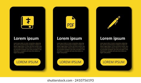 Set Pen, documento de archivo PDF y libro de la Biblia Santa. Plantilla de infografía empresarial. Vector