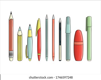 Set of pen and pencil icons. Vector colored stationery, writing materials, office or school supplies isolated on white background. Cartoon style