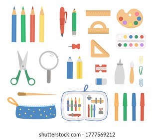 Set with pen and pencil icons. Vector colored stationery, writing materials, office, school or art supplies isolated on white background. Cartoon style scissors, pencil case, rulers