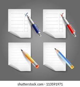 Set of pen, pencil and paper. Vector collection
