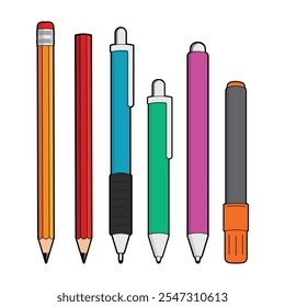 Set of Pen and Pencils cartoon vector illustration