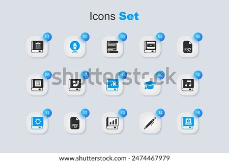 Set Pen, Phone book, Microphone, User manual, Audio, Law and Book with mathematics icon. Vector