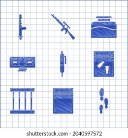 Set Pen, Plastiktüte mit Reißverschluss, Fußstapfen, Beweise und Kugeln, Gefängnisfenster, Stapel Papiergeld Bargeld, Inkwell und Polizei Gummi Batton Icon. Vektorgrafik