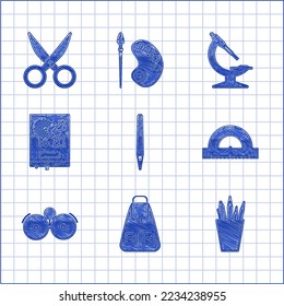 Set Pen, School backpack, Pencil case stationery, Protractor grid for measuring degrees, Ringing alarm bell, Board with graph chart, Microscope and Scissors icon. Vector