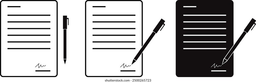 set of pen signing contract line and solid symbol, notebook signing, document signing with pen, signature vector symbol, form sign, vector graphics.