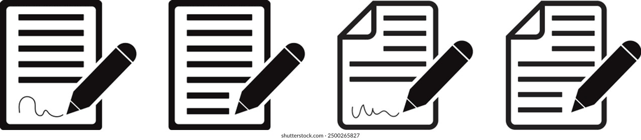 Conjunto de contrato de firma de bolígrafo, firma de cuaderno, documento con bolígrafo, símbolo de Vector de firma, signo de formulario, Vector de gráficos.