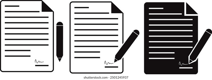 set of pen signing contract, notebook signing, document with pen, signature vector symbol, form sign, vector illustration.