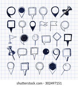 Set of pen sketch pointers on squared paper. Navigation pins. Vector illustration.