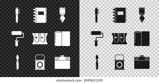 Set Pen, Spiral notebook, Palette knife, Paint brush, bucket, Graphic tablet, roller and Pencil sharpener icon. Vector