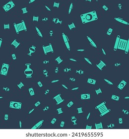 Set Pen, Stacks paper money cash, Ancient amphorae and Papyrus scroll on seamless pattern. Vector