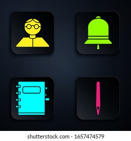 Set Pen, Student, Notebook and Ringing bell. Black square button. Vector