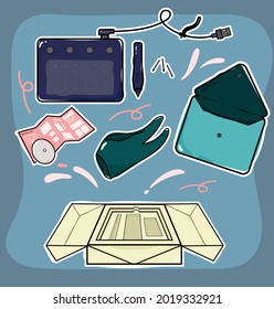 Set of pen tablet kit in soft color(pastel) . a box of pen tablet kit, drawing glove, manual book, pen tablet case, stylus, USB driver