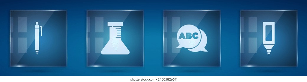 Set Pen, Test tube and flask, Alphabet and Marker pen. Square glass panels. Vector