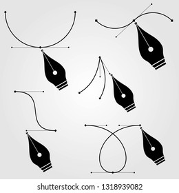 Set of Pen tool cursors and curve control points, isolated on white background. Vector illustration