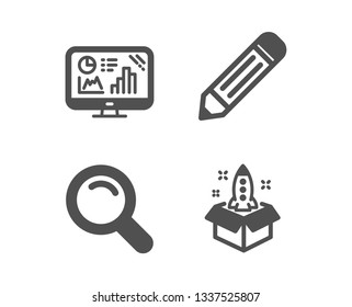 Set of Pencil, Analytics graph and Search icons. Startup sign. Edit data, Growth report, Magnifying glass. Innovation.  Classic design pencil icon. Flat design. Vector