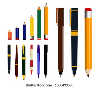 set of pencil or ballpoint in flat mode. 