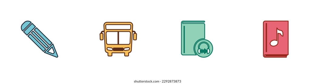 Set Pencil, Bus, Audio book and  icon. Vector